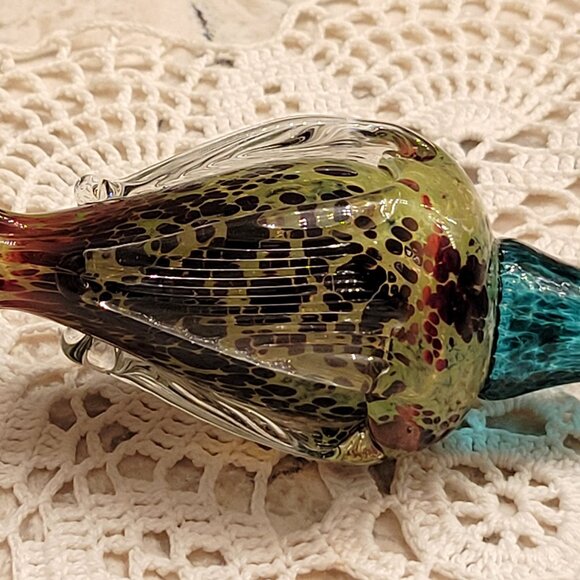 Vintage Czech Art Glass Flower Tulip Hand Blown Glass Turquoise Gold Long Stem - Picture 5 of 11